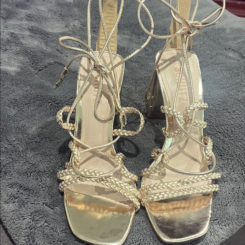 SCHUTZ Lunah Gold Braided Strappy Heels